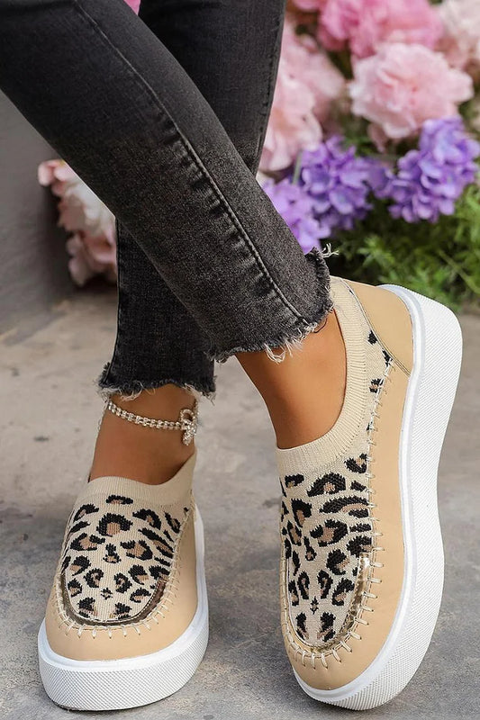 Patchwork Round Toe Leopard Pattern Stitch Detail Loafers