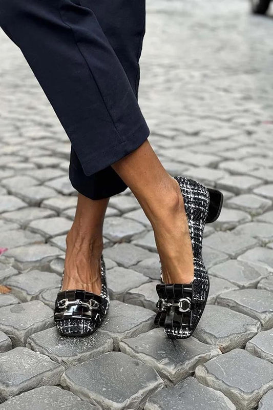 Patchwork Fringe Metal Buckle Square Toe Black Low Heels [Pre Order]