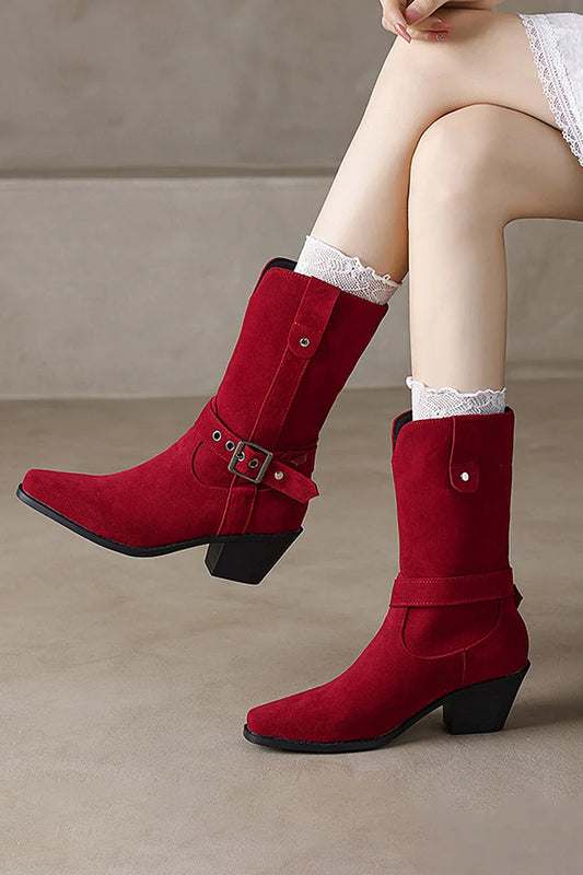 Patchwork Strap Buckle V Cut Square Toe Botas médias de salto grosso