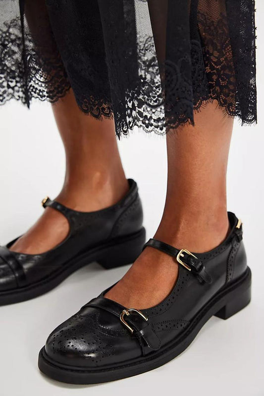 Durchbrochenes Design Rundzehen Schnallen Ristriemen Schwarze Ballerinas [Vorbestellung]