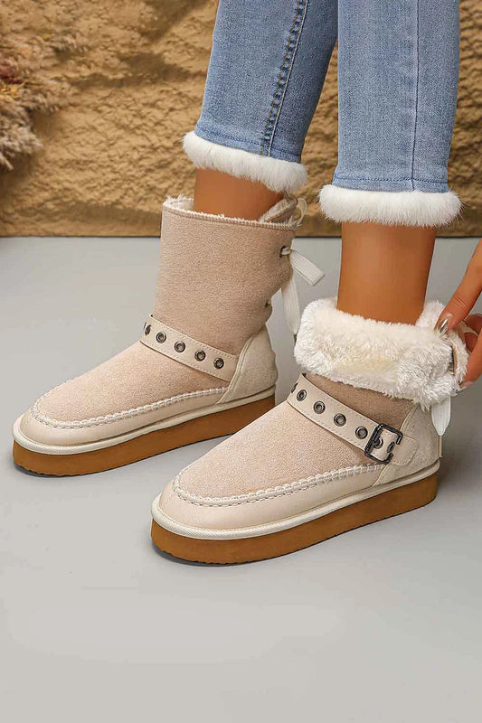 Faux Fur Lined Strap Buckle Decor Patchwork Round Toe Lace Up Snow Boots