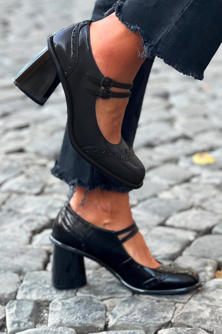 Two Straps Buckles Round Toe Black Chunky Heels [Pre Order]