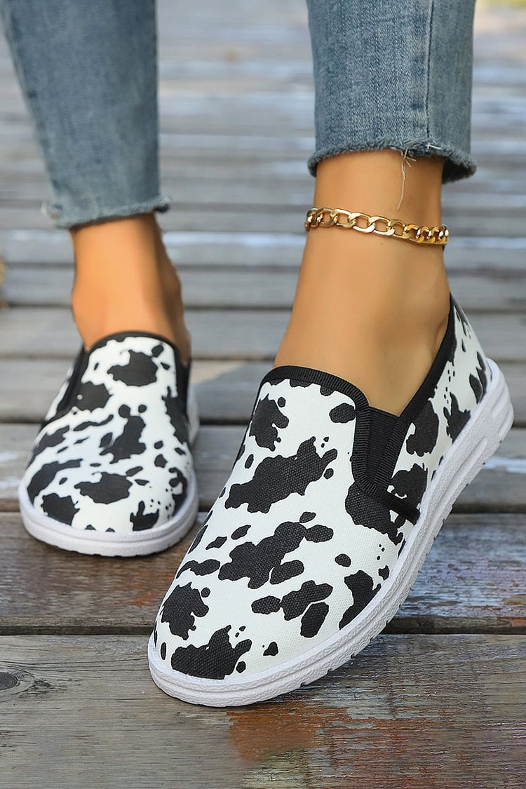 Cow Print Round Toe Slip On Lightweight Casual Loafers