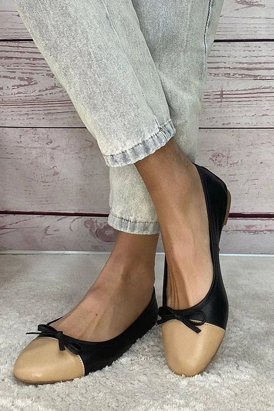 Colorblock Bow Decor Round Toe Black Flats