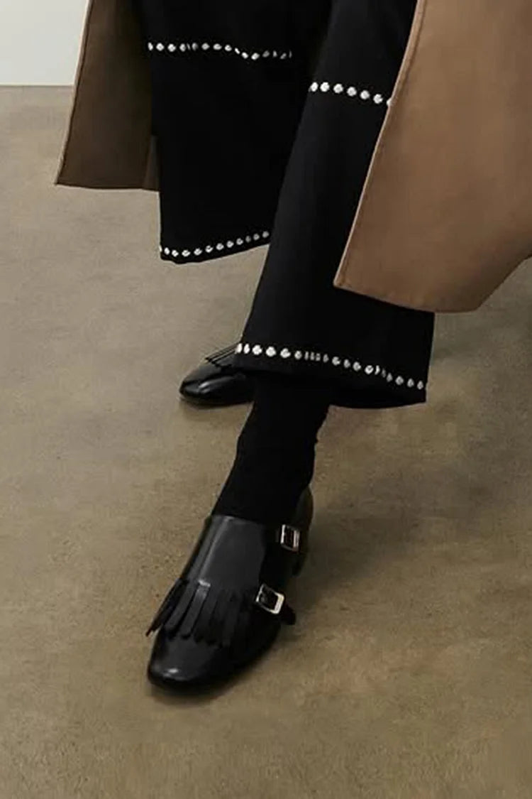 Klamry Frędzle Gładki Kolor Okrągły Nosek Czarne Mokasyny [Przedsprzedaż]