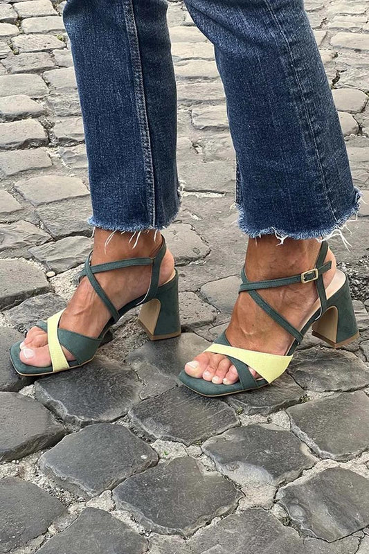 Scarpe con tacco grosso colorblock, punta quadrata, cinturino incrociato, fibbia, verde scuro [Pre-ordine] 