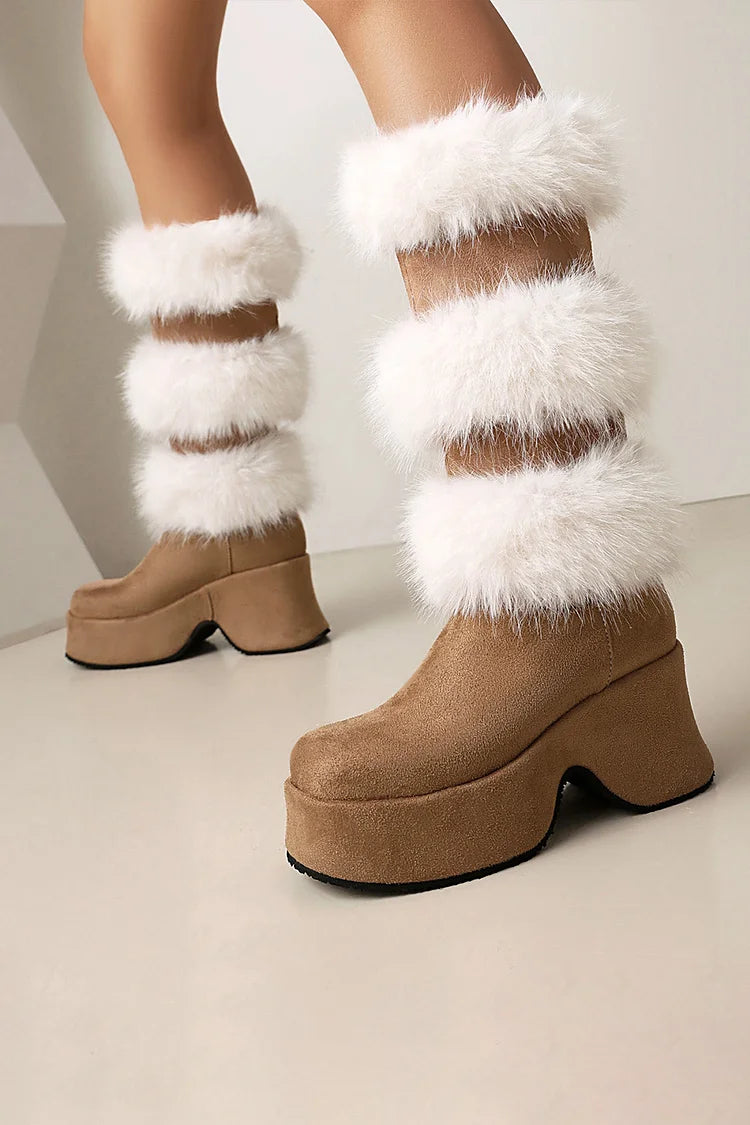 Colorblock Fluffy Trim Round Toe Chunky Heel Platform Mid Calf Boots