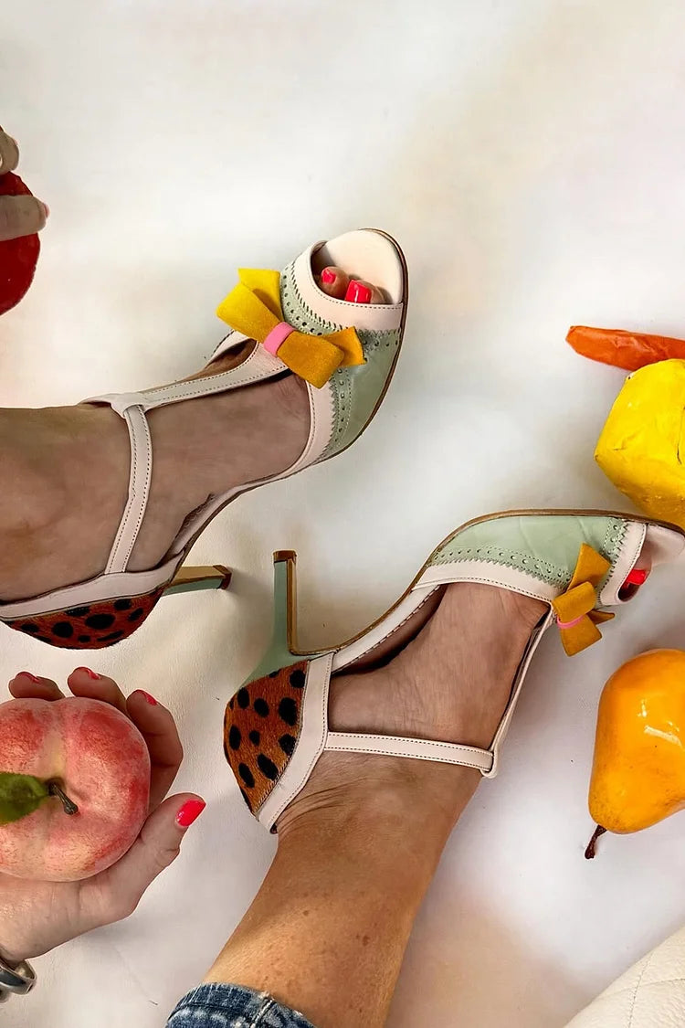 Colorblock Schleifen-Dekor Leopardenmuster Grüne Stiletto-Absätze [Vorbestellung]