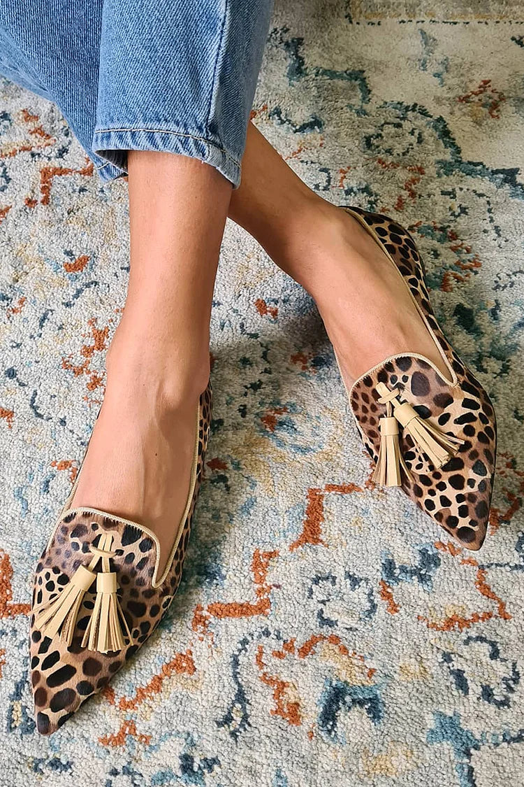 Leopard Print Tassels Decor Slip On Pointy Toe Casual Flats