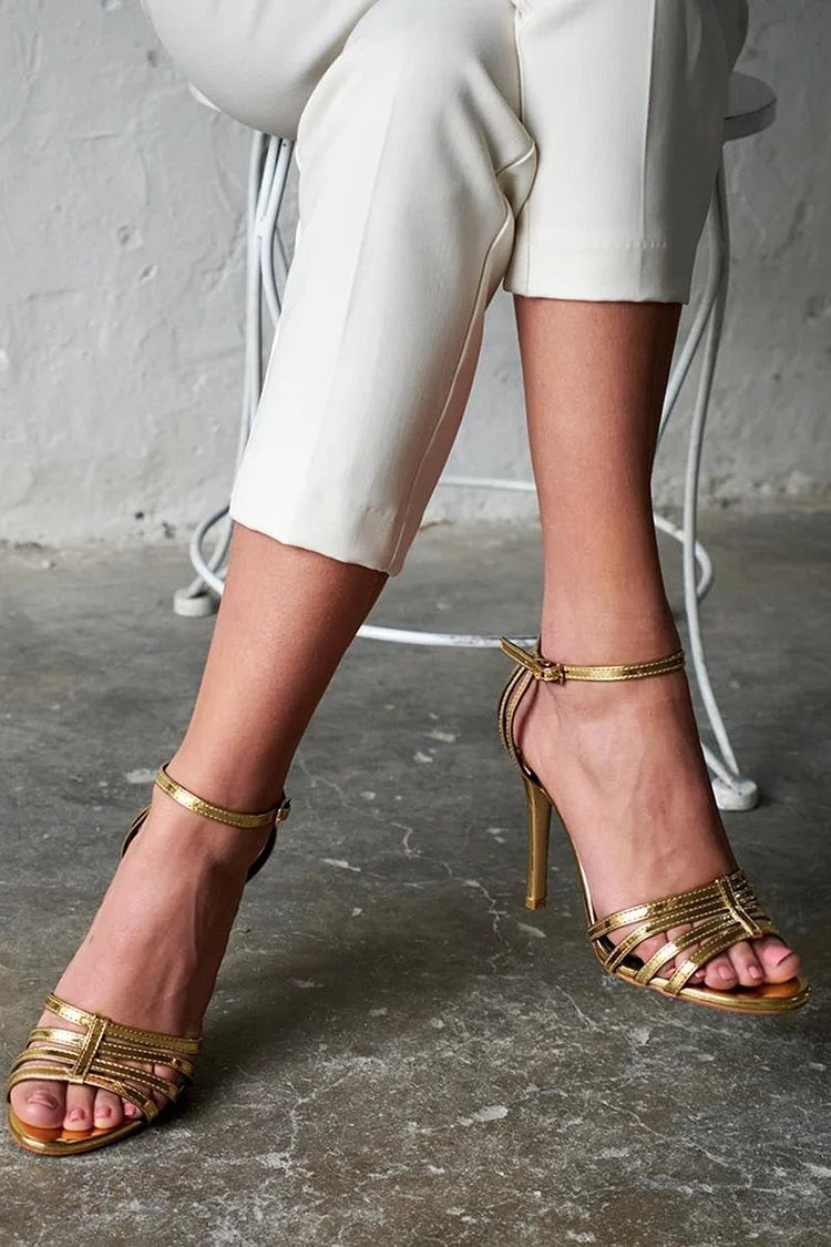 Charming Ankle Buckle Strap Open Toe Hollow Out Gold Stiletto Heels [Pre Order]