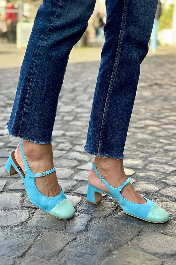 Patchwork Round Toe Instep Strap Buckle Blue Chunky Heels [Pre Order]