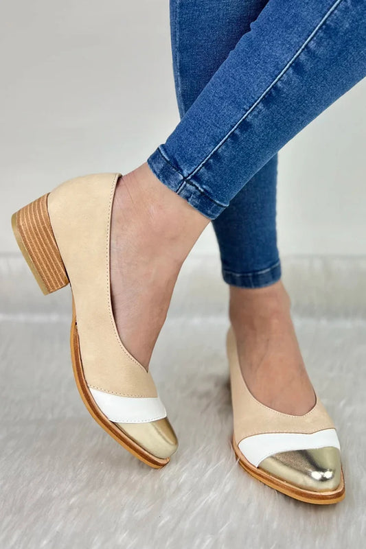 Scarpe col tacco basso beige con punta affilata e patchwork colorblock [Pre-ordine] 