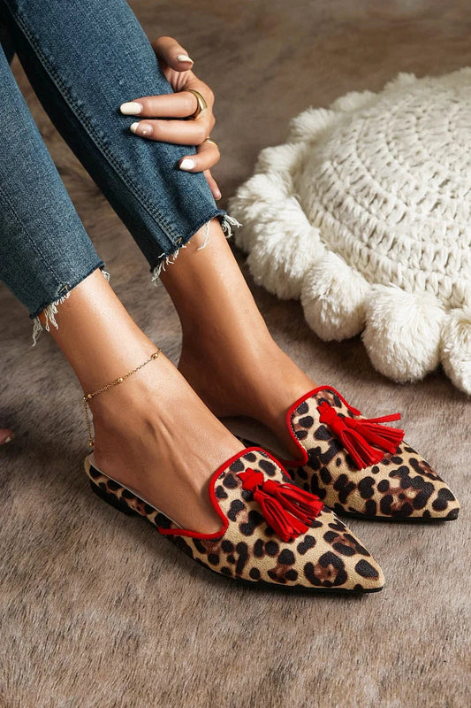 Leopard Print Colorblock Tassels Pointy Toe Shoes Slip On Mules