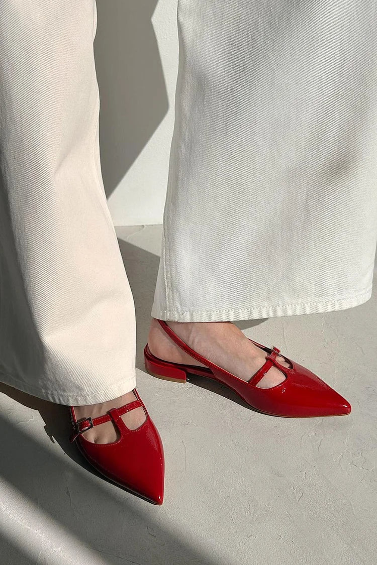Ballerine rosse con cinturino a T, punta affusolata e fibbia [Pre-ordine]