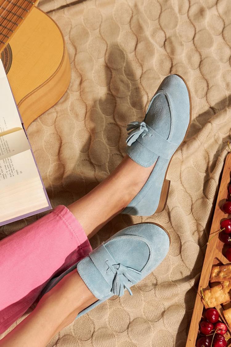 Mocassini con punta tonda, decori in nappa tinta unita, azzurri [Pre-ordine]