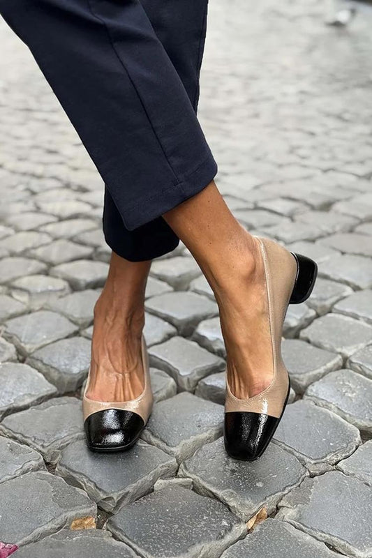 Patent Colorblock Round Toe Low Heel Pumps [Pre Order]