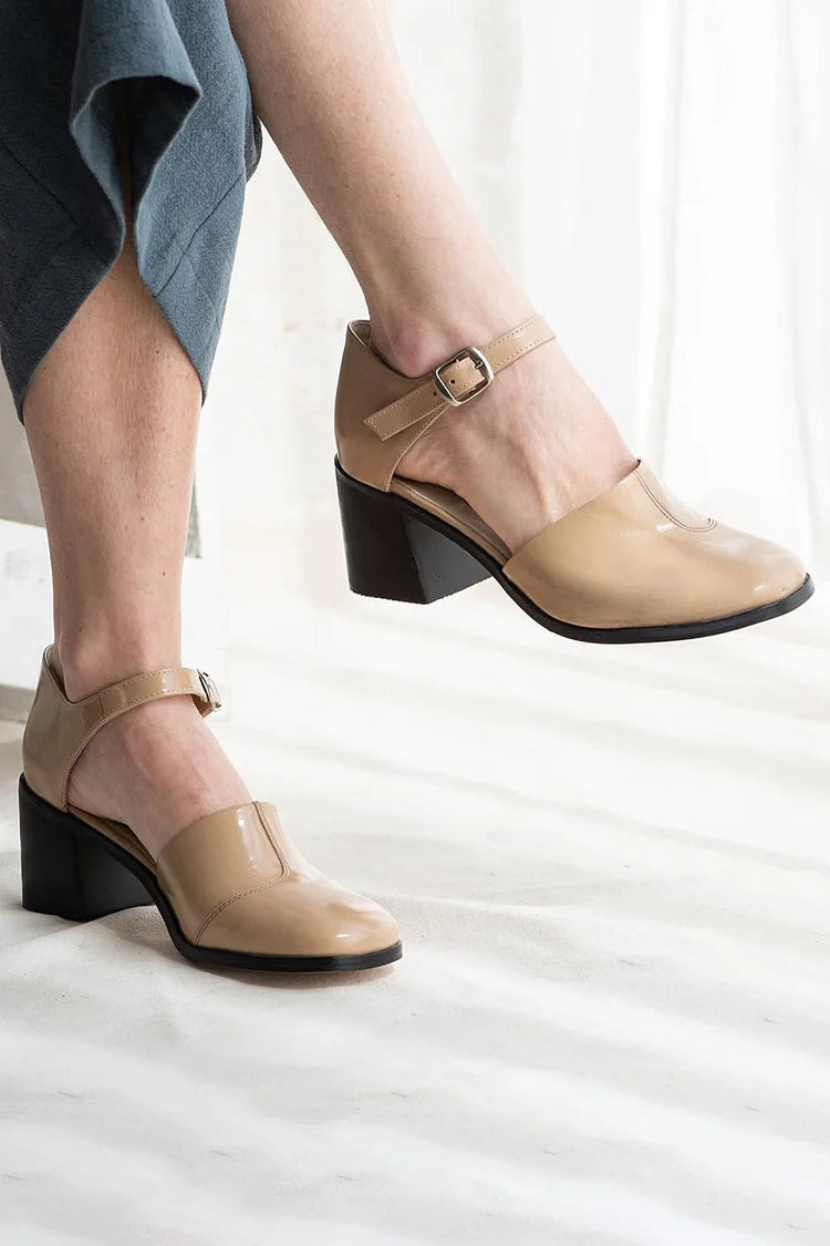 Tacones gruesos color caqui con hebilla y tiras en el tobillo con parches de color sólido [pedido por adelantado]