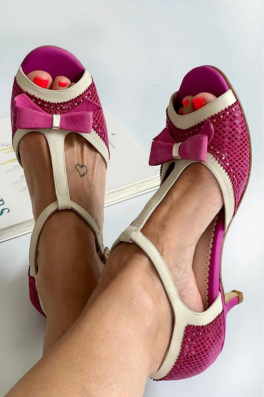 Colorblock T-Strap Buckle Bow Decor Magenta Low Heels [Pre Order]