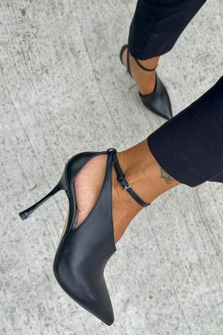 Ankle Strap Buckle Cutout Pointed Toe Black Stiletto Heels [Pre Order]