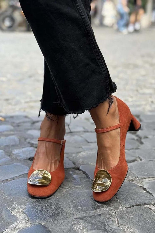 Metal Decor Instep Strap Buckle Round Toe Rust Chunky Heels [Pre Order]