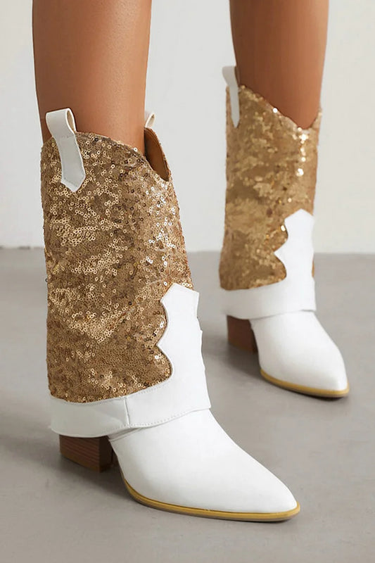 Sequins Decor Fold Over Pointed Toe Chunky Heel Western Boots