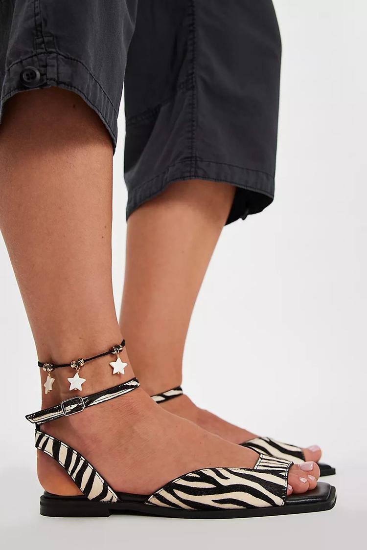 Zebra Print Ankle Strap Buckle Square Toe Black Sandals [Pre Order]