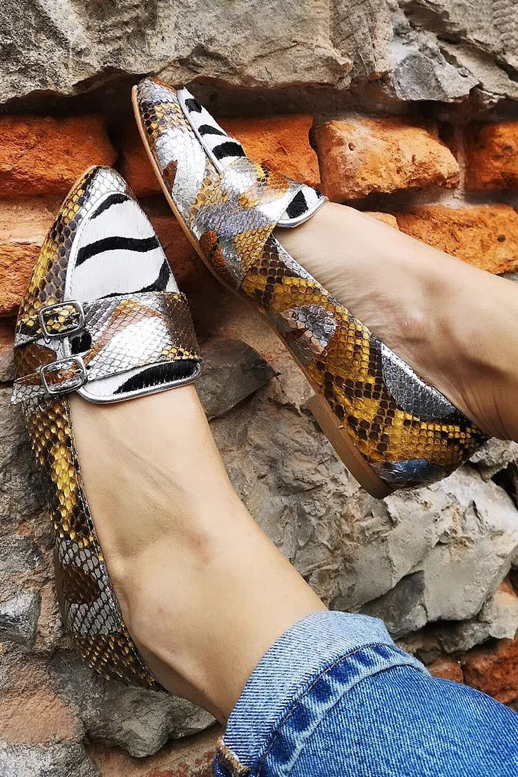 Snake Zebra-Stripe Print Pointy Toe Belt Buckles Silver Flats [Pre Order]