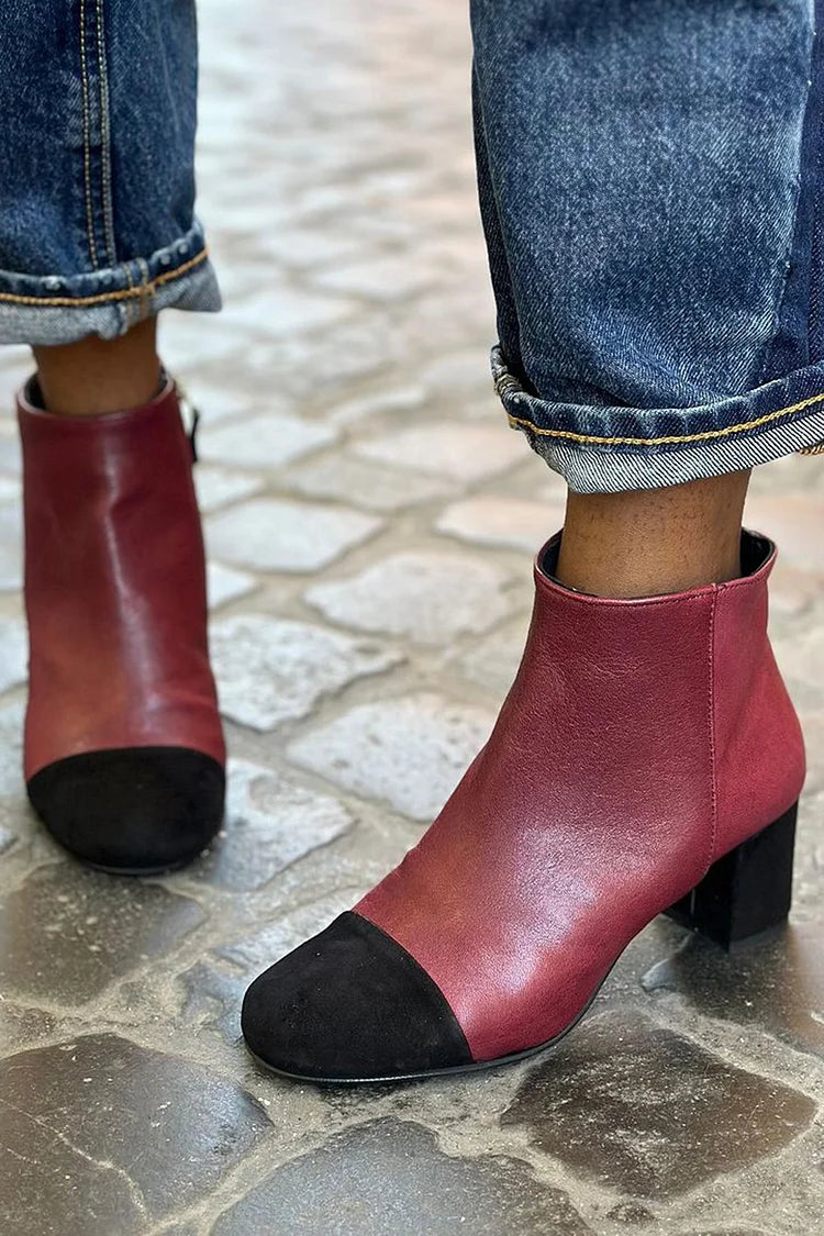 Colorblock Round Toe Chunky Heel Burgundy Ankle Boots [Pre Order]