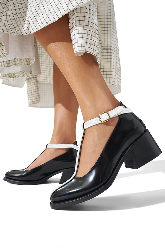 Farbblock T-Riemen Schnalle Runde Zehe Schwarze Niedrige Absätze [Vorbestellung]