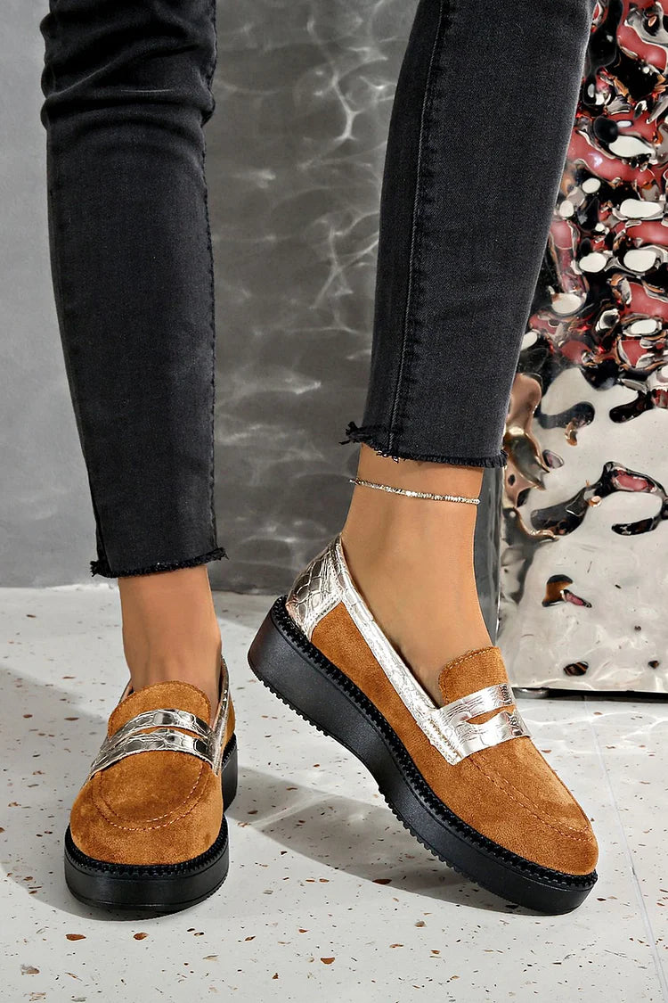 Metallic Sheen Patchwork Round Toe Casual Slip On Loafers