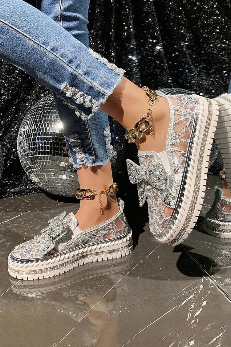 Strass Schleifen Dekor Mesh Runde Zehen Freizeit Plateau Slipper