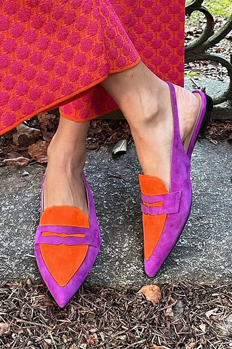 Patchwork Colorblock Pointed Toe Slingback Purple Flats