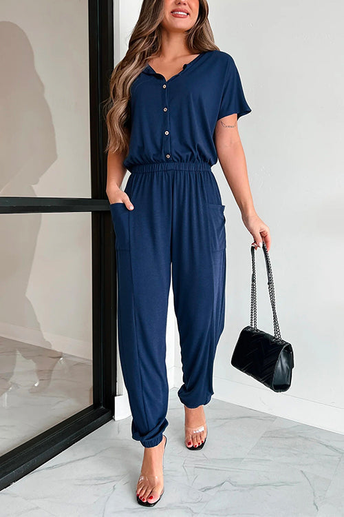 Short Sleeves Button Up Elastic Waisted Jumpsuit