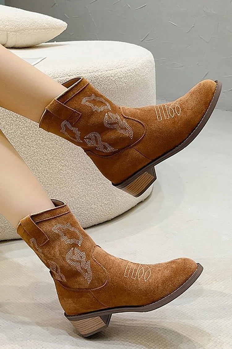 Embroidery Patchwork Round Toe Chunky Heel Mid Boots