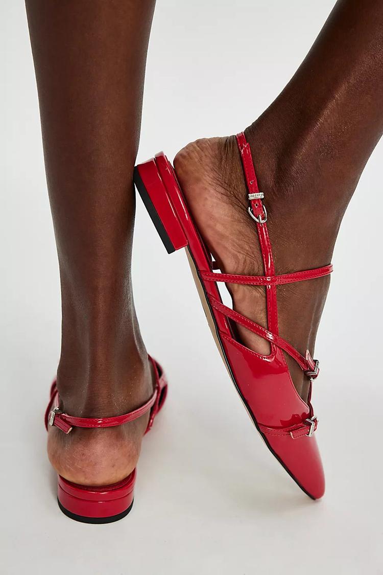 Cross Strap Buckle Pointed Toe Slingback Red Flats [Pre Order]
