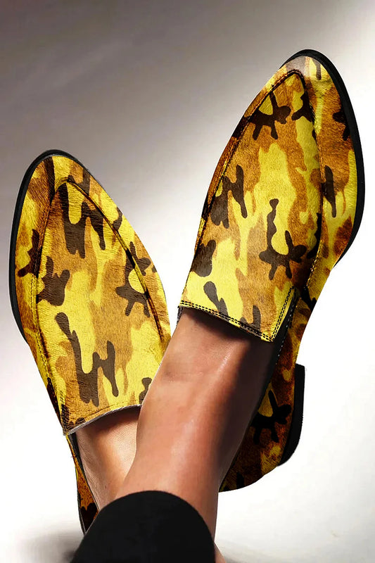 Mocassins de couro amarelo com estampa camuflada casual bico fino [Pre Order]