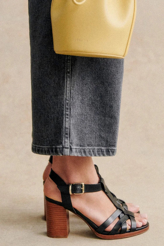 Scarpe con tacco grosso nere aperte e intrecciate con cinturino a T e fibbia [Pre-ordine]