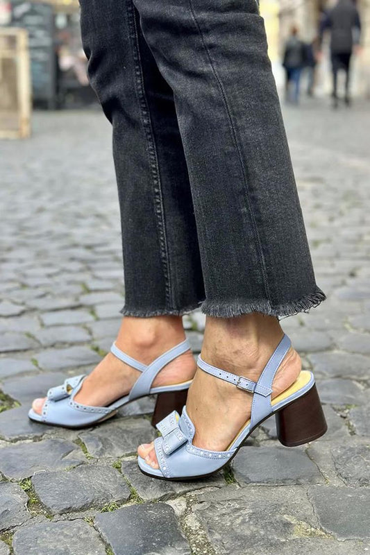 Scarpe con tacco grosso casual blu polvere con punta aperta e decorazioni a fiocco [Pre-ordine] 