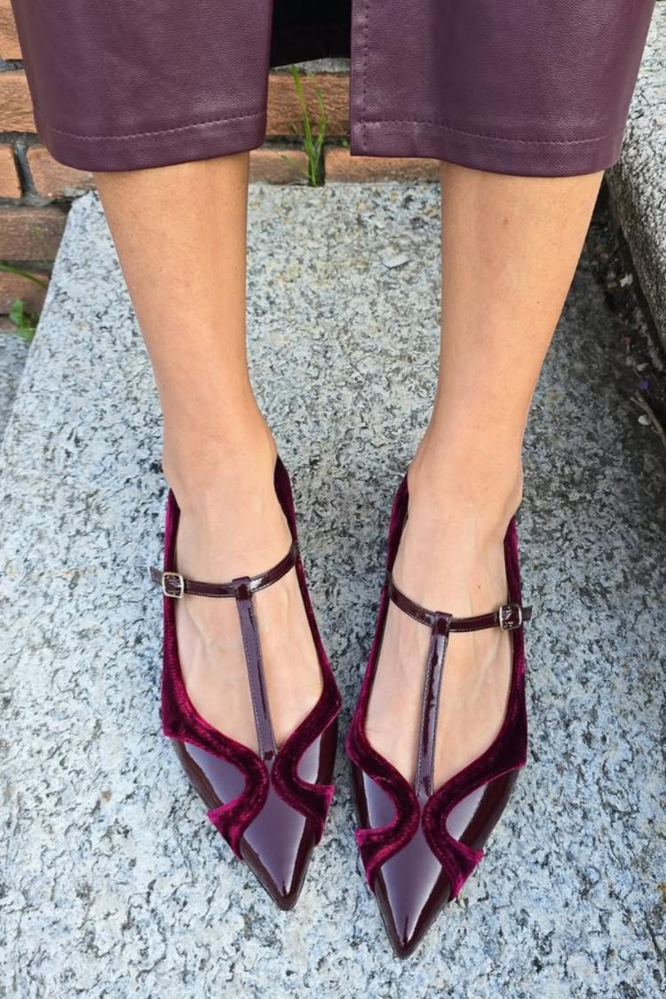 Samt Patchwork T-Riemen Schnalle Spitz Zehen Burgunder Flache Schuhe [Vorbestellung]