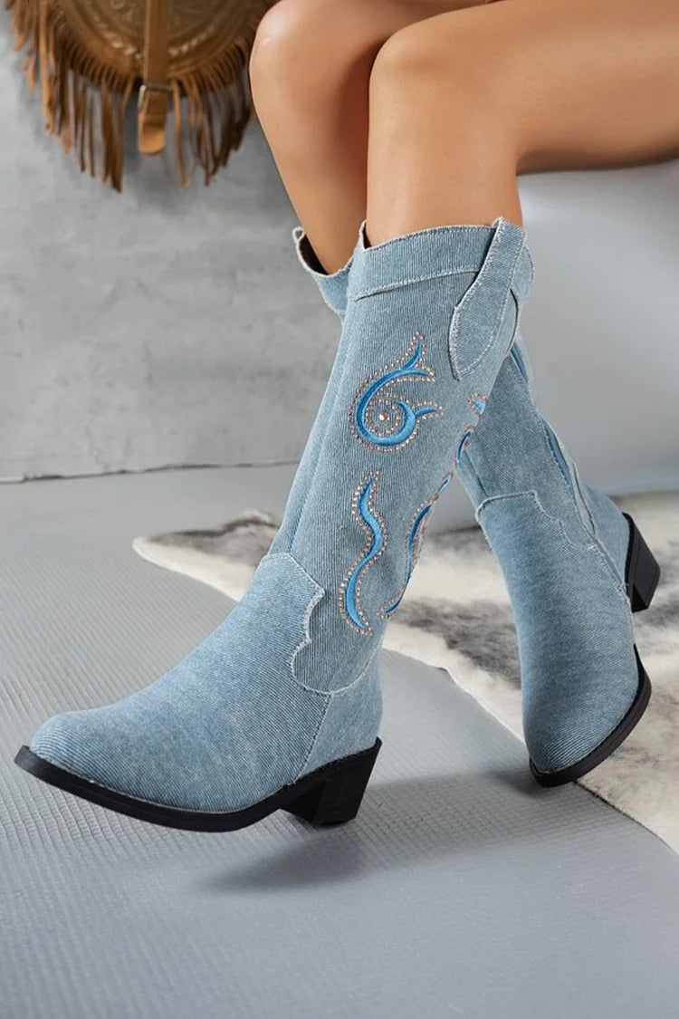 Rhinestone Embroidery Zipper Pointed Toe Chunky Heel Mid Calf Boots