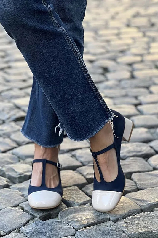 Scarpe con cinturino a T e punta tonda color block blu scuro con tacco basso [Pre-ordine] 