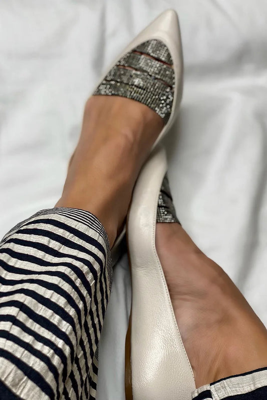 Patchwork Pointed Toe Slip On Beige Flats [Pre Order]