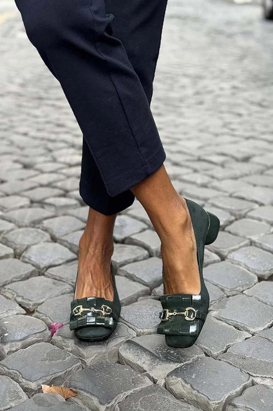 Metal Buckle Decor Square Toe Dark Green Low Block Heels [Pre Order]