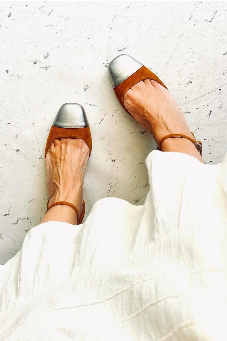 Ankle Strap Buckle Patchwork Square Toe Caramel Flats [Pre Order]