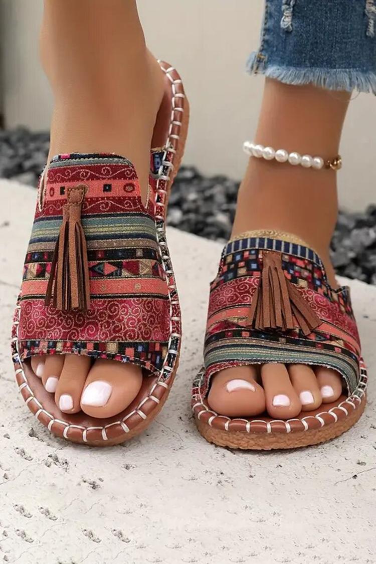 Multicolor Boho Pattern Tassel Decor Round Toe Casual Slippers
