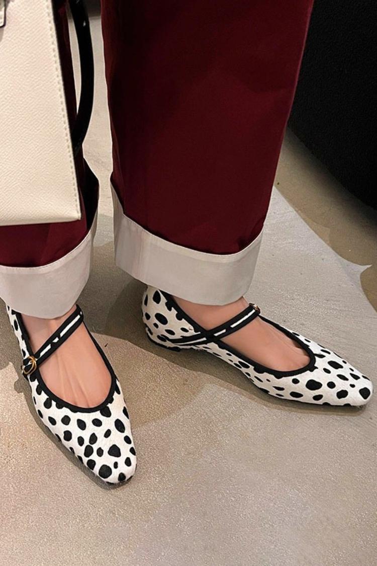 Cow Print Asymmetric Strap Buckle Chic White Flats [Pre Order]