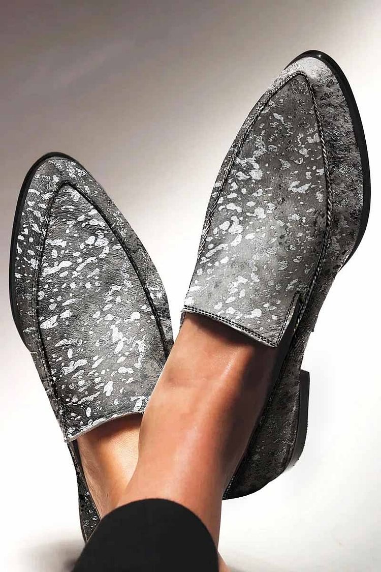 Patchwork Pointed Toe Smudge Print Gray Leather Loafers [Pre Order]