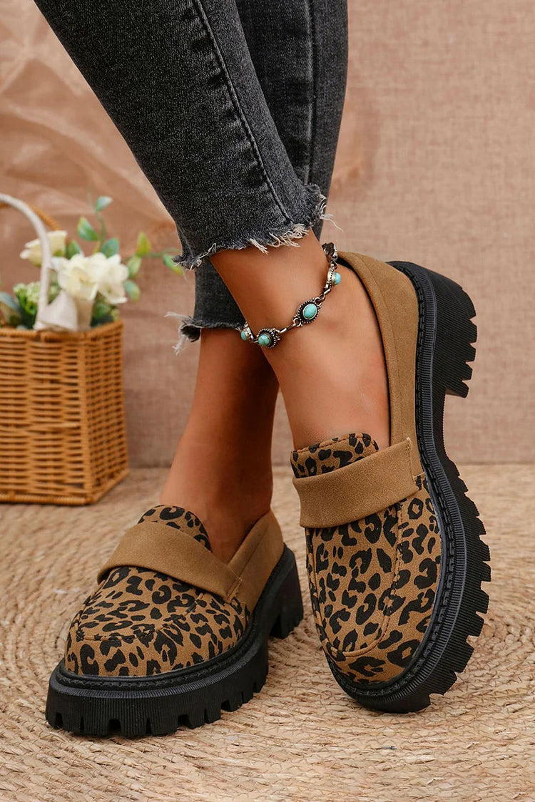 Patchwork Round Toe Leopard Print Low Block Heel Loafers