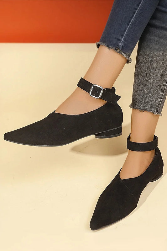 Solid Color Patchwork Pointed Toe Ankle Strap Buckle Flats