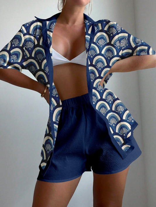 Artistic fan-shaped print two-piece set